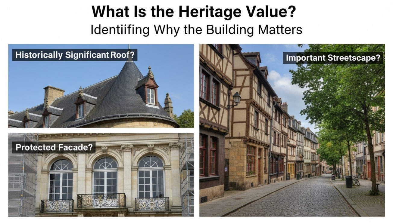 Architectural heritage solar decision framework showing historically significant roofs, protected facades, and important streetscapes